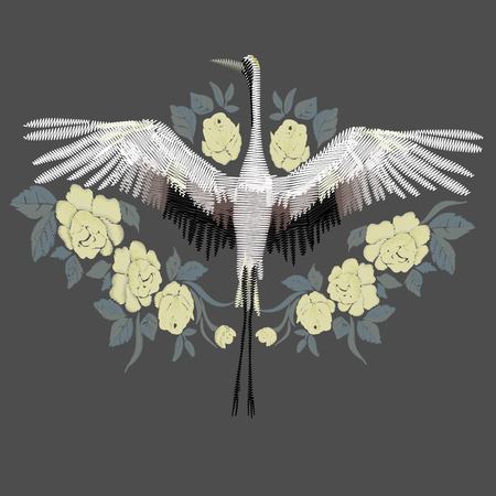 Embroidery. Embroidered design element - bird - crane - in vintage style on a black background. Stock vector illustration.のイラスト素材