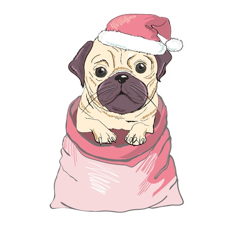 Portrait of cute french bulldog in red christmas hat on blue background. Vector illustration.のイラスト素材
