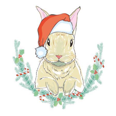 christmas rabbit in santa hat, calligraphy, clip, cutout, doodle, family, funny, graphic, hand-drawn, happy isolated lined made pencil pet scratched scribble sketchy smilingのイラスト素材
