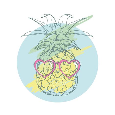 pineapple with glasses tropical, vector, illustration, design, exotic, food, fruit, background, design, exotic, food, fruit, glasses, illustration nature pineapple summer tropical vector drawing fresh healthy isolated plant sweet white dessert hawaii leafのイラスト素材