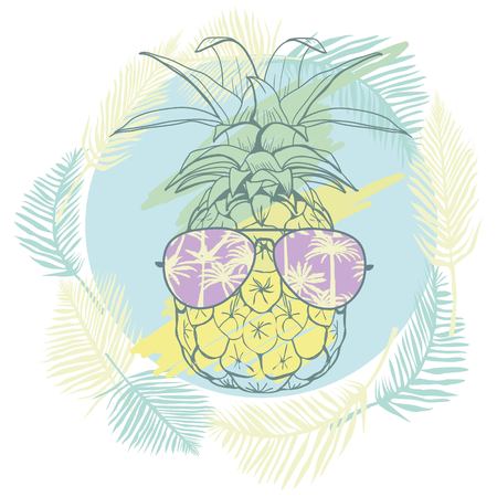 pineapple with glasses tropical, vector, illustration, design, exotic, food, fruit, background, design, exotic, food, fruit, glasses, illustration nature pineapple summer tropical vector drawing fresh healthy isolated plant sweet white dessert hawaii leafの写真素材