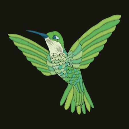 Embroidery with hummingbird and orchid flowers vector illustration. fashion, vector, background, beautiful, black, design, exotic, fancywork, floral, flower green illustration print stitch summer texture threadの写真素材