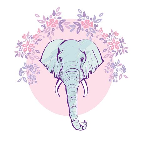 Cute elephant with a flower cartoon hand drawn vector illustration. Can be used for baby t-shirt print, fashion print design, kids wear, baby shower celebration greeting and invitation card.の写真素材