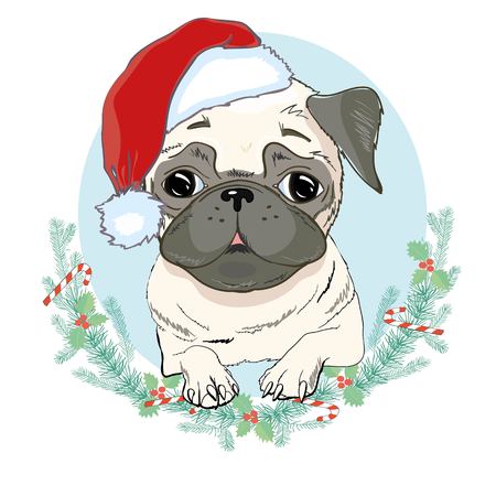 Portrait of cute french bulldog in red christmas hat on blue background. Vector illustration. Santa Claus. New Year's and Christmas. isolated, looking, merry, newyear, party, pet, portrait, print, puppy, red, santa, santaclaus, sketch, style, trendy vector white winter xmas hipsterの写真素材