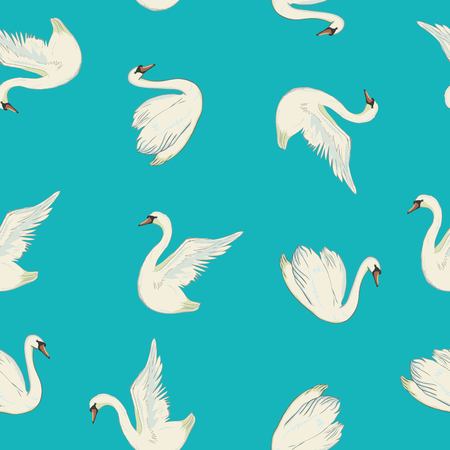 Seamless pattern with white swans. White swans on black background. Vector illustration.の写真素材