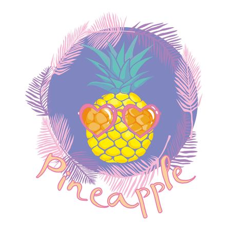 pineapple with glasses tropical, vector, illustration, design, exotic, food, fruit, background, design, exotic, food, fruit, glasses, illustration nature pineapple summer tropical vector drawing fresh healthy isolated plant sweet white dessert hawaii leafの写真素材