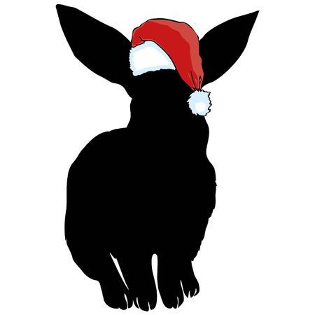 icon cute baby Christmas Bunny rabbit in Santa hat on a blue background. Vector illustrationの写真素材