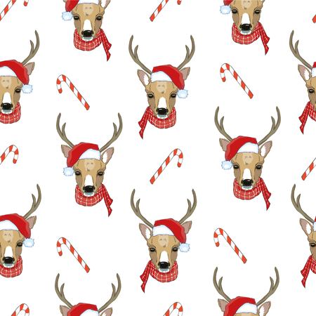 Christmas deer vector seamless pattern illustration. Reindeer vector head with horn and Santa hatの写真素材
