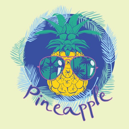 pineapple with glasses tropical, vector, illustration, design, exotic, food, fruit, backgroundの写真素材