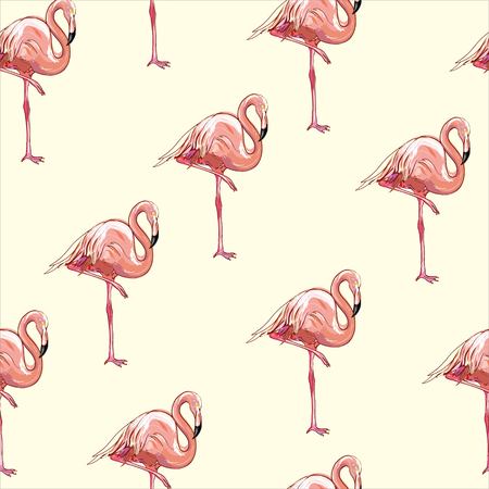 Beautiful seamless vector tropical pattern background with flamingo and hibiscus. Abstract texture, stripes. Perfect for wallpapers, web page backgrounds, surface textures, textile.の写真素材