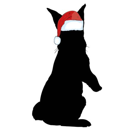 icon cute baby Christmas Bunny rabbit in Santa hat on a blue background. Vector illustrationの写真素材