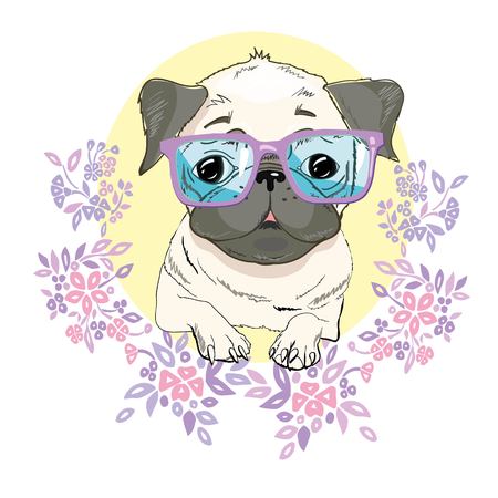 Pug dog face - vector illustration isolated on white background,concept, doggy, domestic, ears, icon, little, looking, outline, paws, pedigree, puggle, purebred sad sweet tail emblem eye friendly illustrated mascot artの写真素材