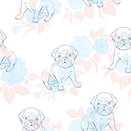 Seamless pattern with cute french bulldog on white background. Vector illustration.の写真素材