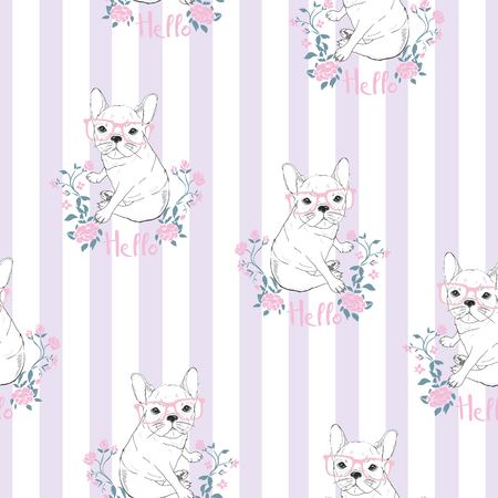 Character design pattern background of head bulldog.Doodle style on green blue.のイラスト素材