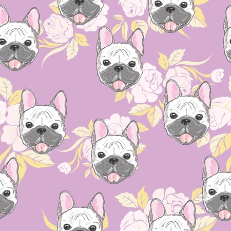Character design pattern background of head bulldog.Doodle style on green blue.のイラスト素材