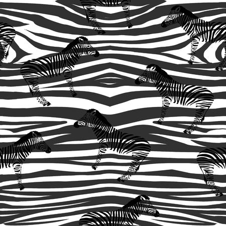 Sketch Seamless pattern with wild animal zebra print, silhouette on white background. Vector illustrations. Wild African animals.の写真素材