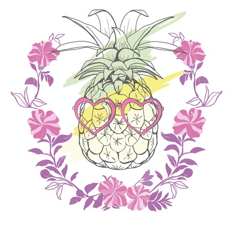 Pineapple with sunglases and headphones. Summer consept. Vector illustration. yellow, head, music, vacation, color, creative, earphone, headphones, humor idea listening phone raw refreshment sound technology art backgroundの写真素材