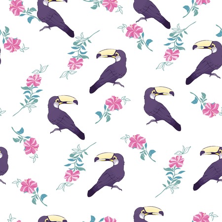 Seamless pattern with hand drawn toucan on white backgroundの写真素材