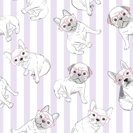 Character design pattern background of head bulldog.Doodle style on green blue.の写真素材