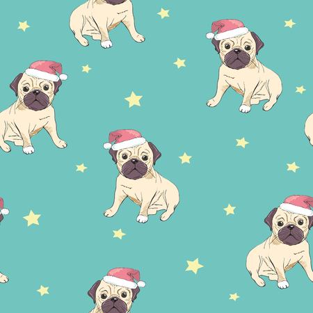 Seamless pattern with image of a Funny cartoon pugs puppies on a blue background. Vector illustration.の写真素材