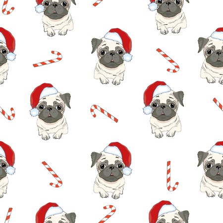 Seamless pattern with image of a Funny cartoon pugs puppies on a blue background. Vector illustration.の写真素材