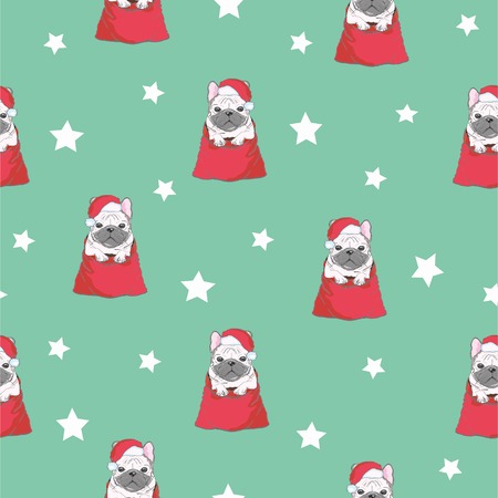 Seamless pattern with image of a Funny cartoon pugs puppies on a blue background. Vector illustration.の写真素材
