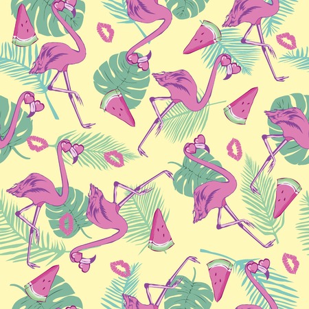 Flamingo seamless pattern on mint green background. Pink flamingo vector background design for fabric and decor.の写真素材