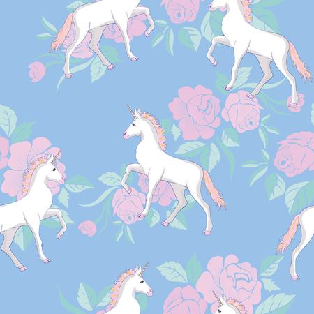 Unicorn and rainbow seamless pattern isolated on white backgroundの写真素材