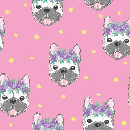 Character design pattern background of head bulldog.Doodle style on green blue.の写真素材