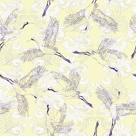 Japanese seamless pattern of birds and water. Traditional vintage fabric print. White and blue indigo background. Kimono design. Monochrome vector illustration.の写真素材