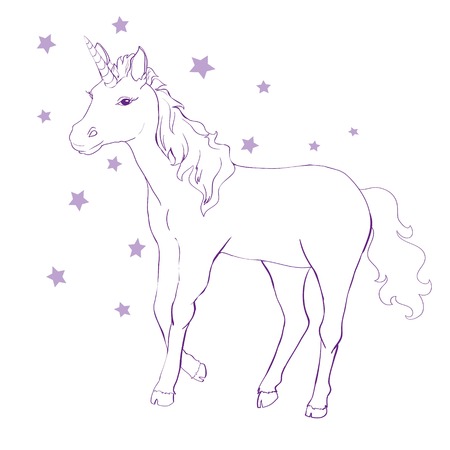 Unicorn vector icon isolated on white. Head portrait horse sticker, patch badge. Cute magic cartoon fantasy cute animal. Rainbow hair.の写真素材