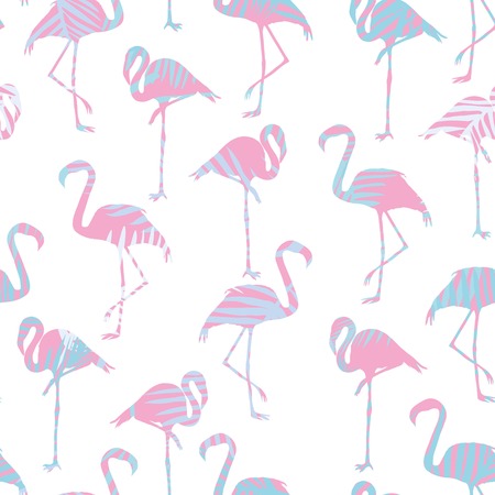 Beautiful seamless vector tropical pattern background with flamingo and hibiscus. Abstract texture, stripes. Perfect for wallpapers, web page backgrounds, surface textures, textile.の写真素材