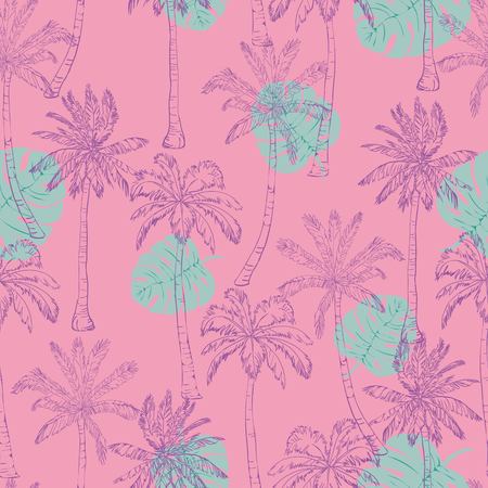 Seamless tropical palms pattern. Summer endless hand drawn vector background of palm trees can be used for wallpaper, wrapping paper, textile printing.Vector illlustration. foliage, natural, tropic, aloha, banana, botanical, eco, green, liana, miami, ornate, painting paperの写真素材