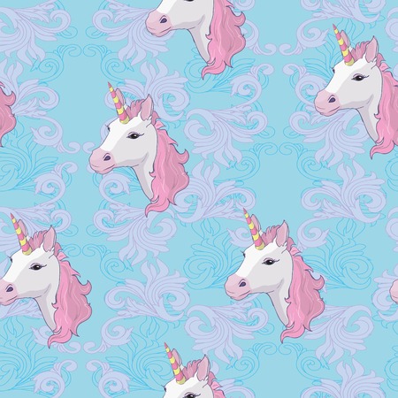 Unicorn and rainbow seamless pattern isolated on white background, animal, wand, princess, balloon, cloud, crown, diamond, fairytale, hand, drawn, abstract, card character decor doodle lovely magical sweet head horn beautifulの写真素材