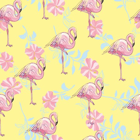Flamingo seamless pattern on mint green background. Pink flamingo vector background design for fabric and decor.の写真素材
