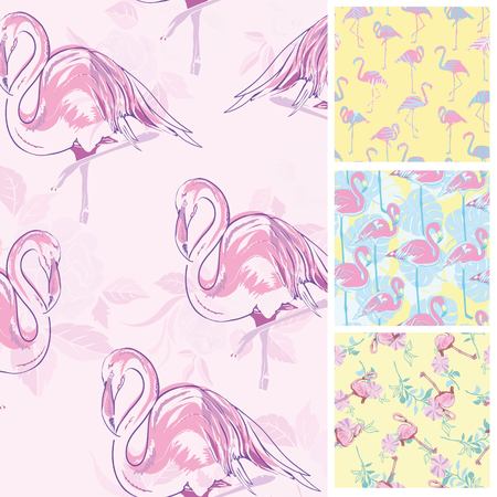 Set seamless backgrounds with pink flamingos and anchors, gray,の写真素材