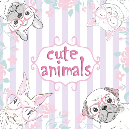 Cute animals. Pets face, dog cat and rabbitの写真素材