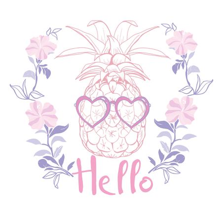 Pineapple with glasses and hello text tropical vector illustrationのイラスト素材