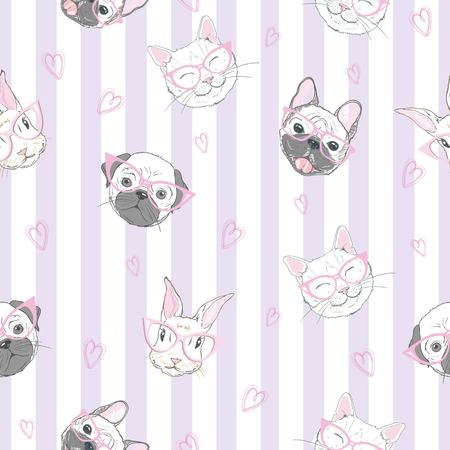 Funny girlish seamless pattern with cute kitty, dog, rabbit, faces.のイラスト素材