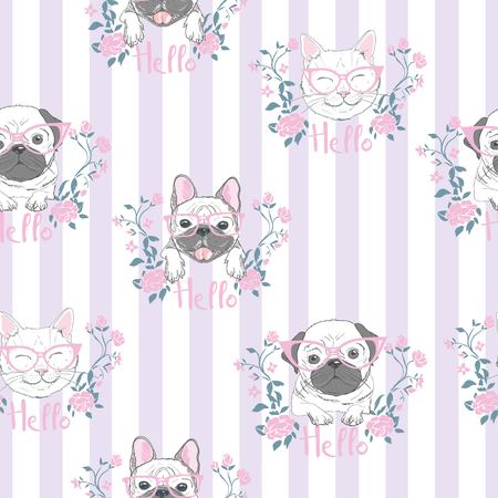 Funny girlish seamless pattern with cute kitty, dog, rabbit, faces.のイラスト素材