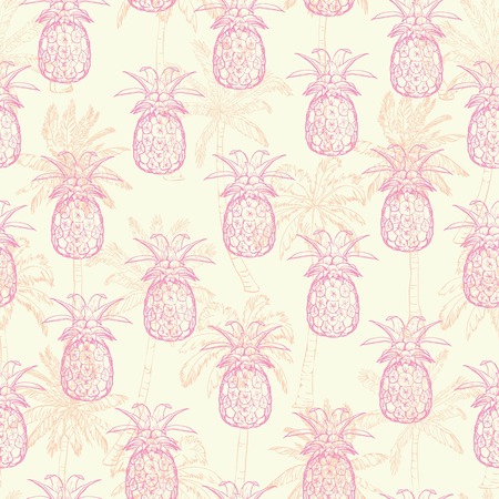 Pineapples background. Vector seamless pattern with tropical fruit. Sketch illustration.のイラスト素材