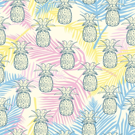 Pineapples background. Vector seamless pattern with tropical fruit. Sketch illustration.のイラスト素材