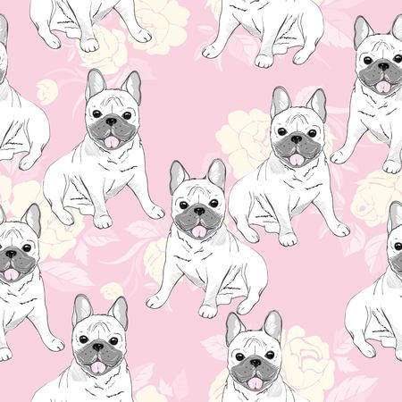 Vector seamless pattern with cute cartoon dog puppies. Can be used as a background, wallpaper, fabric and for other design.French Bulldog patternのイラスト素材