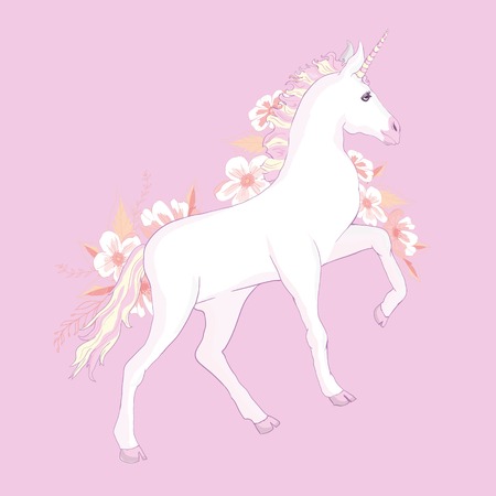 unicorn vector head with mane and horn on floral background.の写真素材