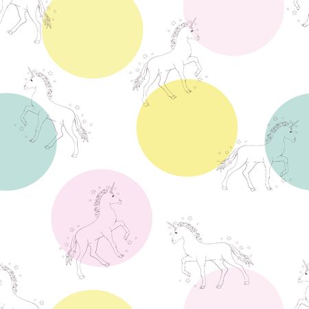 Unicorn seamless pattern. Unicorns with rainbow mane and horn on flat purple background with stars. Vector illustration.の写真素材