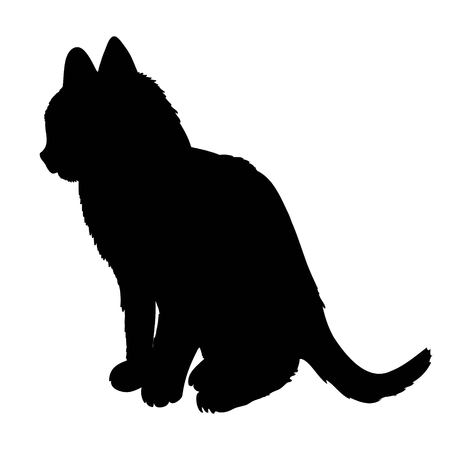 Black silhouette of cat sitting sideways isolated on white background. Vector illustration, icon, clip art.の写真素材