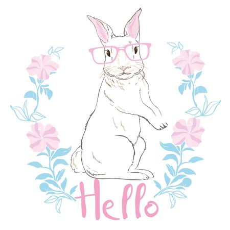Happy Easter Bunny. Vector illustration for Easter greeting card, invitation with white cute rabbit on sky blue background.の写真素材