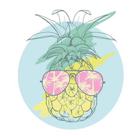 pineapple with glasses tropical, vector, illustration, design, exotic, food, fruit, background, design, exotic, food, fruit, glasses, illustration nature pineapple summer tropical vector drawing fresh healthy isolated plant sweet white dessert hawaii leafの写真素材