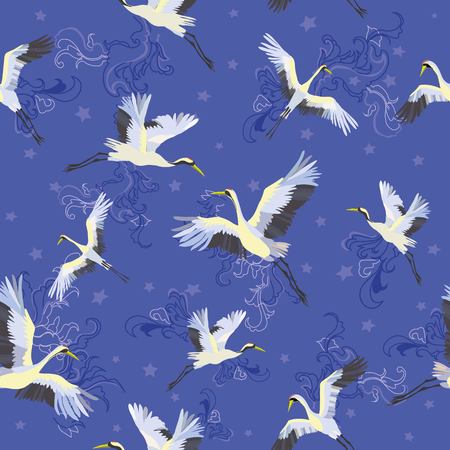 Japanese seamless pattern of birds and water. Traditional vintage fabric print. White and blue indigo background. Kimono design. Monochrome vector illustration.の写真素材