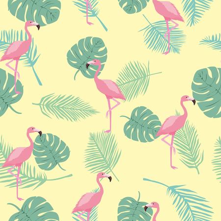 Flamingo seamless pattern on mint green background. Pink flamingo vector background design for fabric and decor.の写真素材